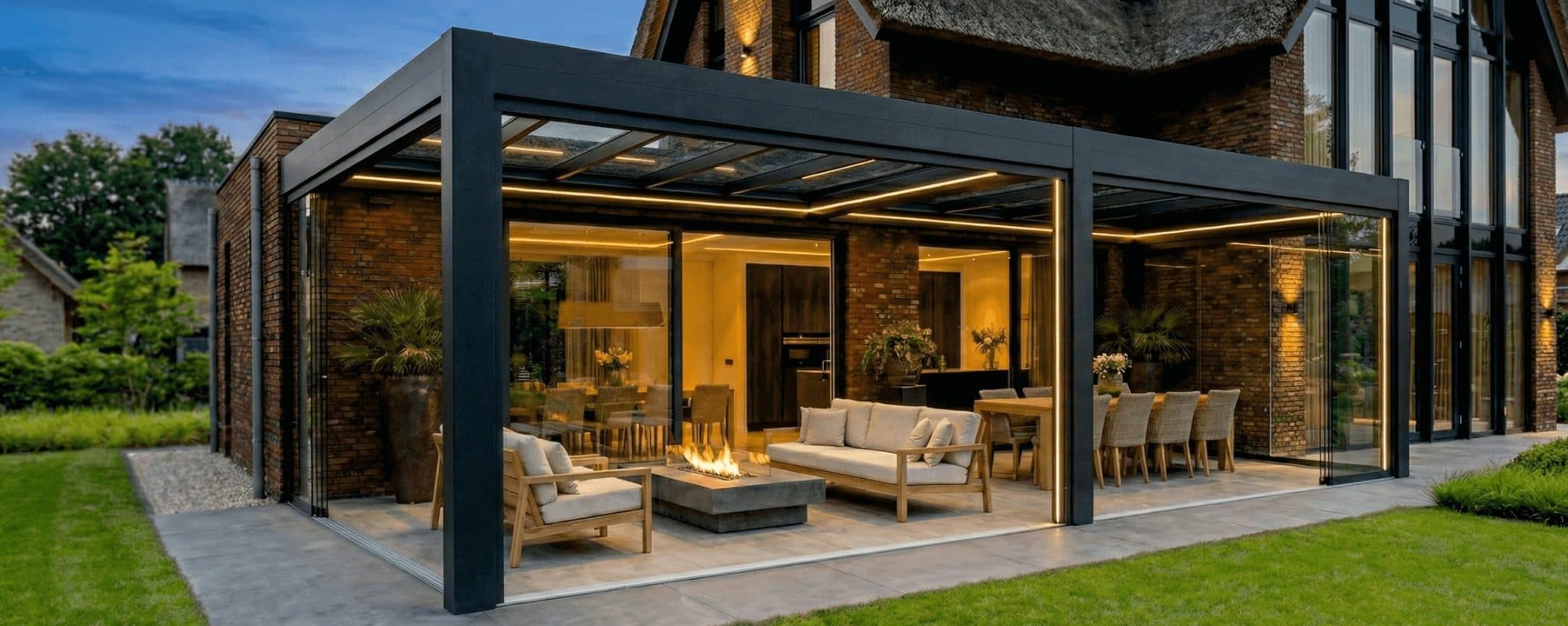 Pergola en aluminium noir avec parois vitrées et éclairage LED, au crépuscule, abritant un salon et une table à manger